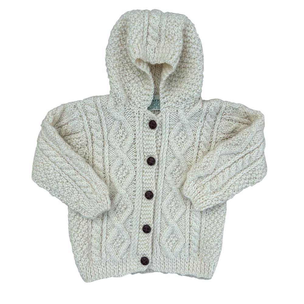 Crana Handknits Handknit Wool Cardigan Baby Sz 24M Hood Fisherman Chunky Ireland